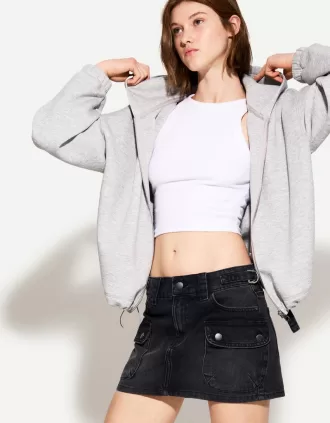 Denim cargo skirt with straps