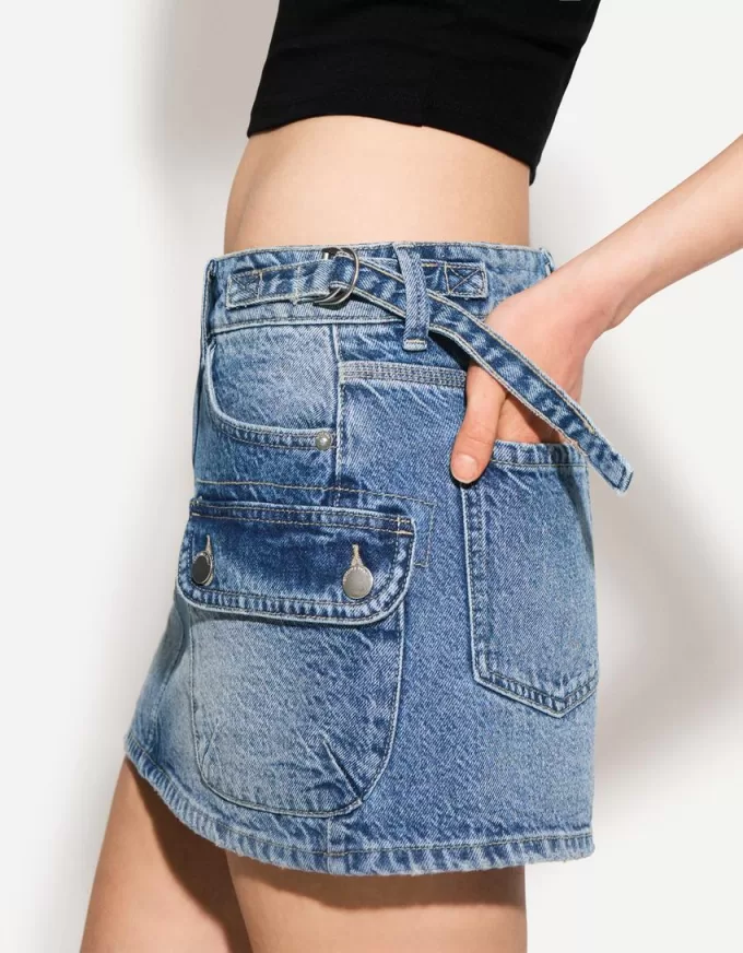 Denim cargo skirt with straps