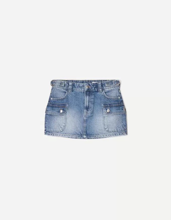 Denim cargo skirt with straps