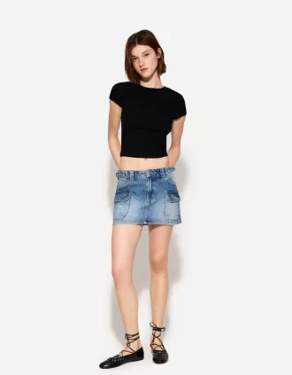 Denim cargo skirt with straps