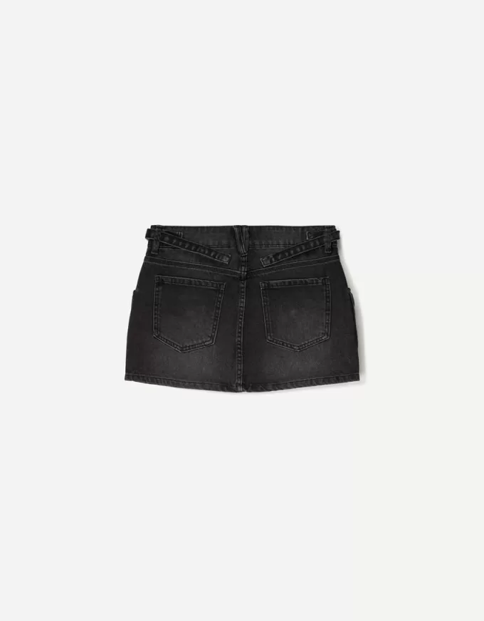 Denim cargo skirt with straps