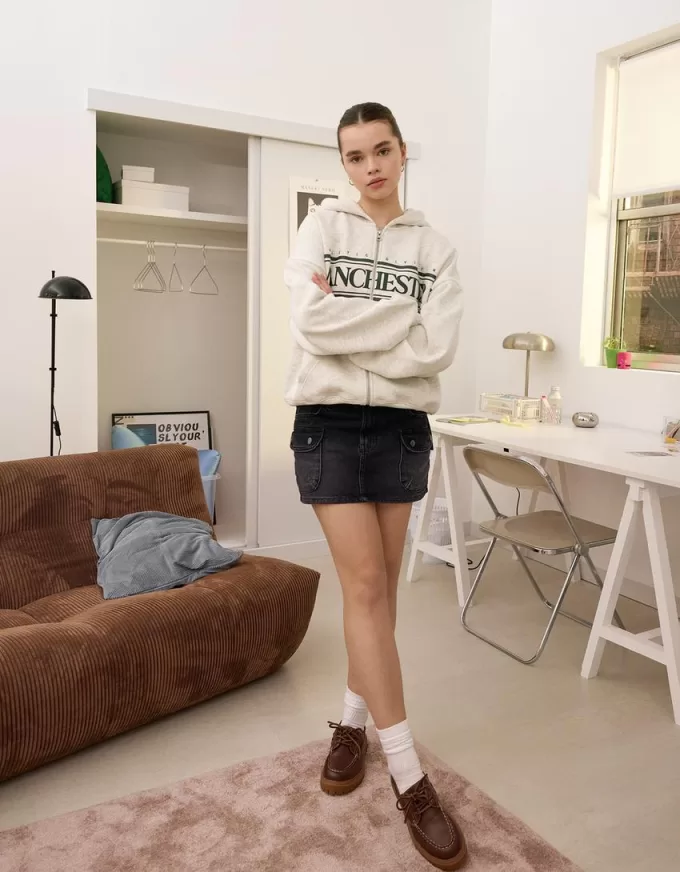 Denim cargo skirt with straps