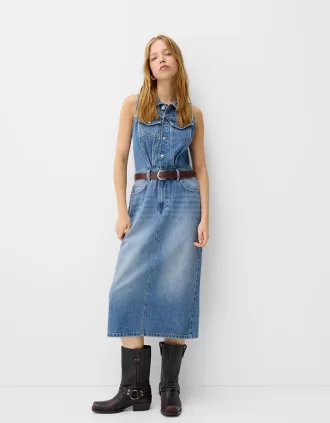 Denim midi dress with belt