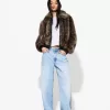 Faux fur jacket with contrast leather effect detail Faux fur jacket with contrast leather effect detail