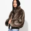 Faux fur jacket with contrast leather effect detail Faux fur jacket with contrast leather effect detail