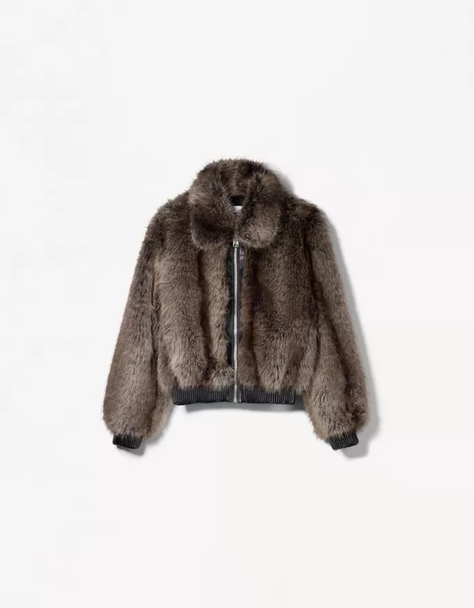 Faux fur jacket with contrast leather effect detail Faux fur jacket with contrast leather effect detail