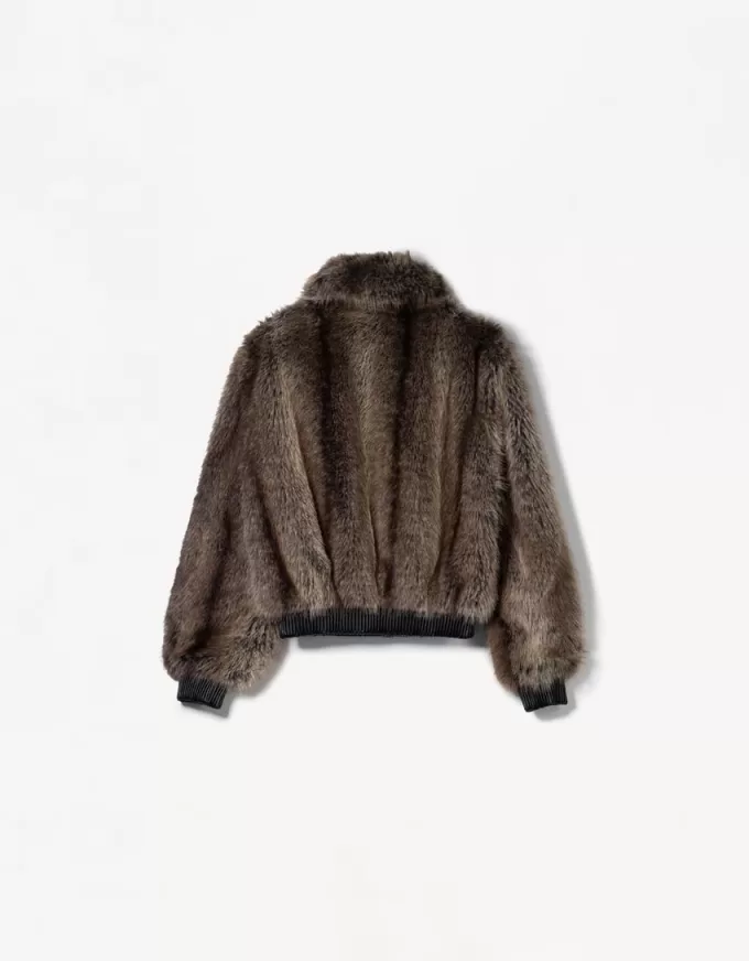 Faux fur jacket with contrast leather effect detail Faux fur jacket with contrast leather effect detail