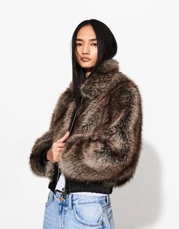 Faux fur jacket with contrast leather effect detail Faux fur jacket with contrast leather effect detail