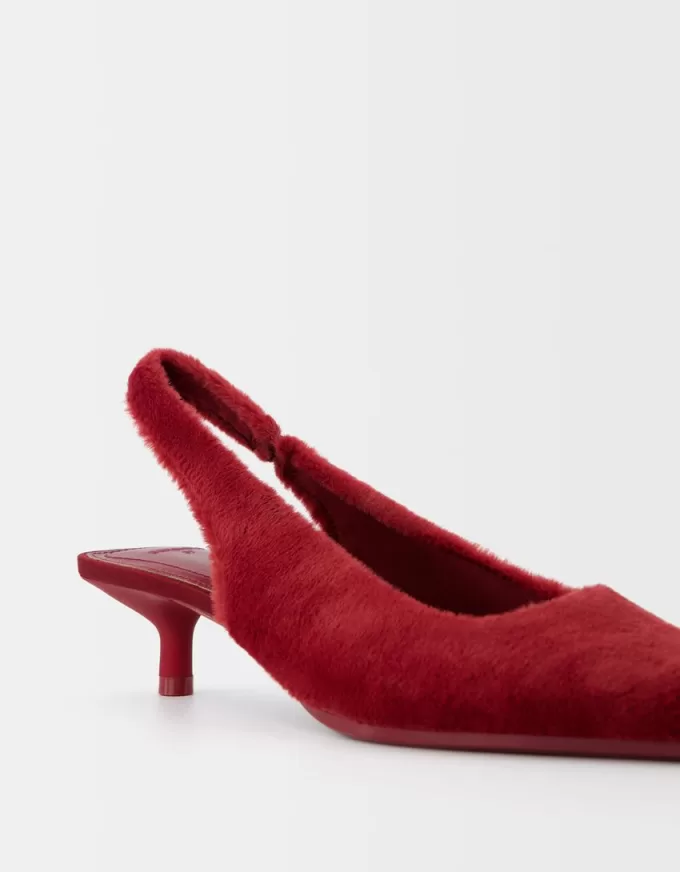 Faux fur kitten-heel slingback shoes