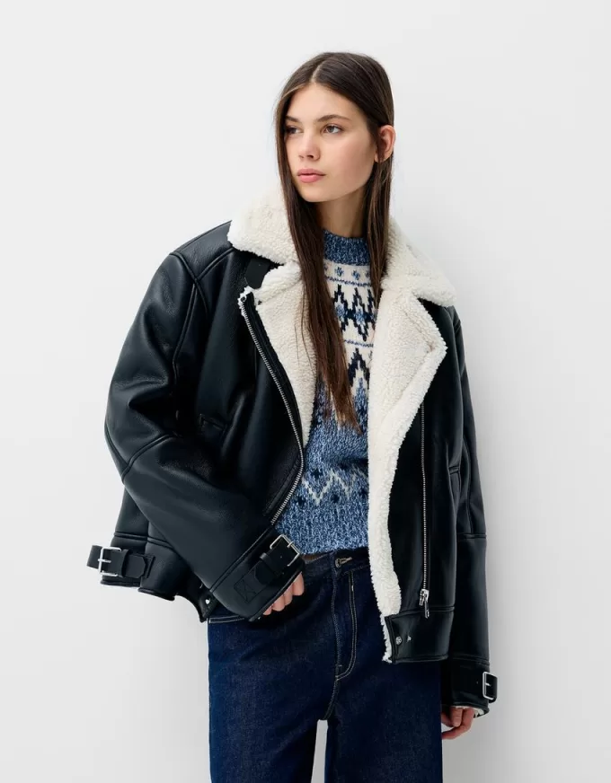 Faux shearling biker jacket
