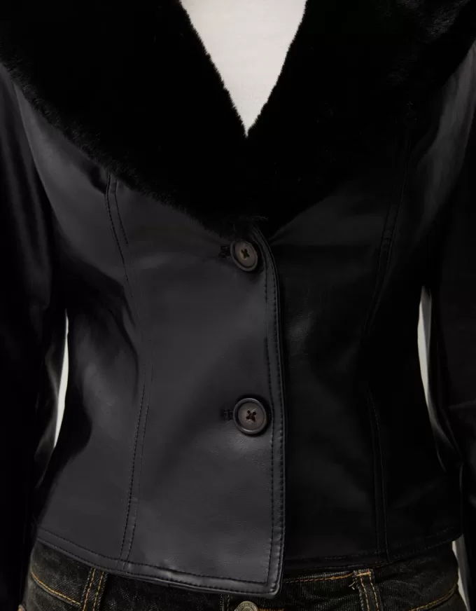 Fitted leather effect jacket with a sweatshirt material neck