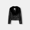 Fitted leather effect jacket with a sweatshirt material neck