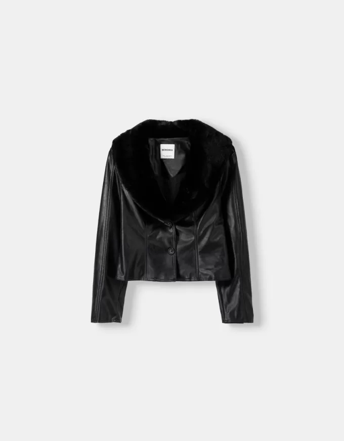 Fitted leather effect jacket with a sweatshirt material neck