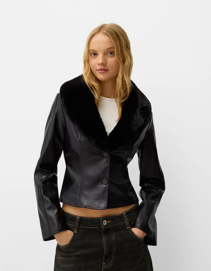 Fitted leather effect jacket with a sweatshirt material neck