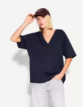 Heavy cotton V-neck short sleeve T-shirt