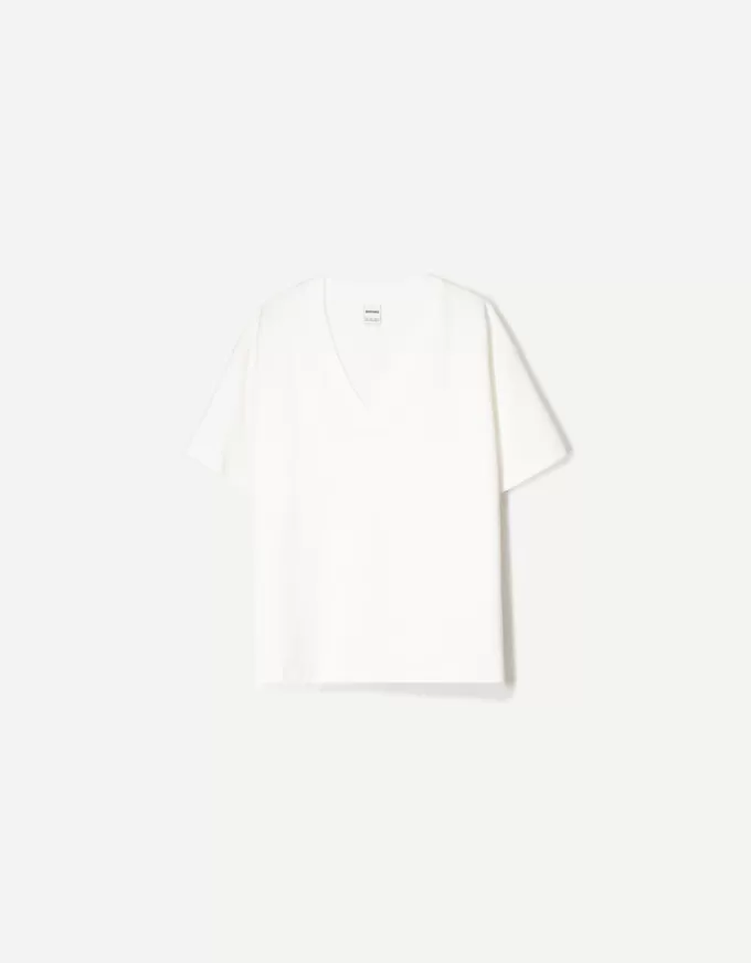 Heavy cotton V-neck short sleeve T-shirt