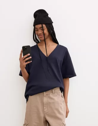 Heavy cotton V-neck short sleeve T-shirt