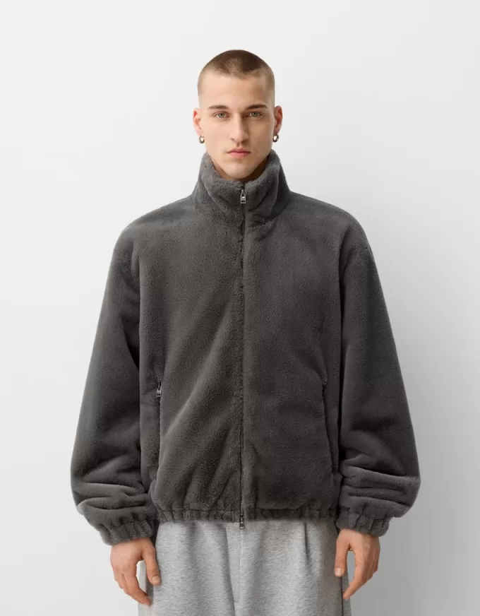 High neck faux fur jacket with zipper High neck faux fur jacket with zipper