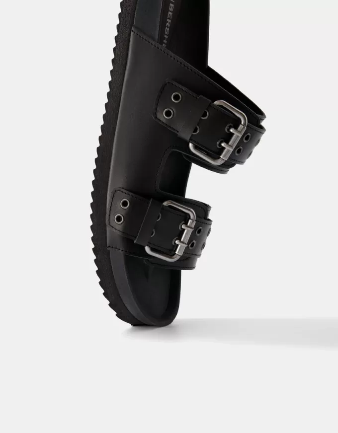 LEATHER buckled flat slider sandals LEATHER buckled flat slider sandals