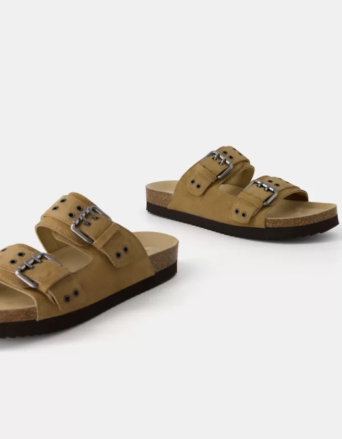 LEATHER buckled flat slider sandals LEATHER buckled flat slider sandals