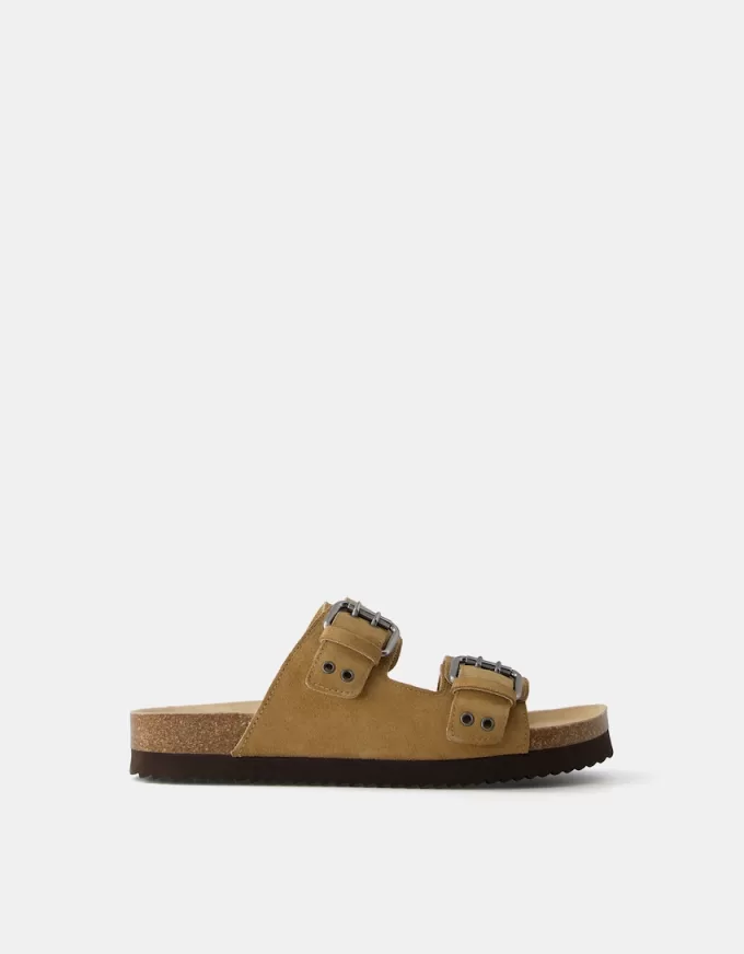 LEATHER buckled flat slider sandals LEATHER buckled flat slider sandals