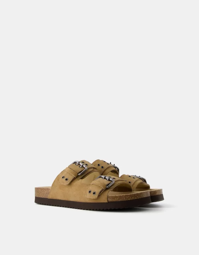 LEATHER buckled flat slider sandals LEATHER buckled flat slider sandals