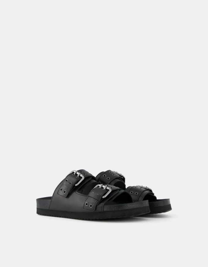 LEATHER buckled flat slider sandals LEATHER buckled flat slider sandals