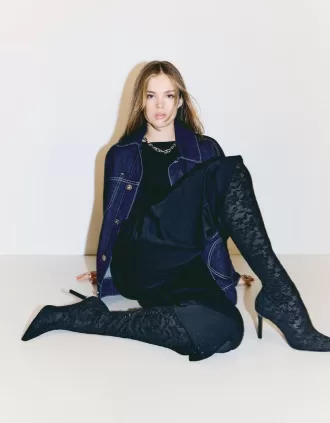 Lace high-heel knee-high boots
