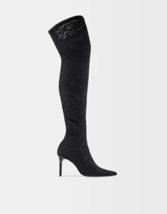 Lace high-heel knee-high boots