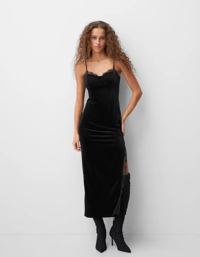 Lace-trimmed velvet midi dress Lace-trimmed velvet midi dress