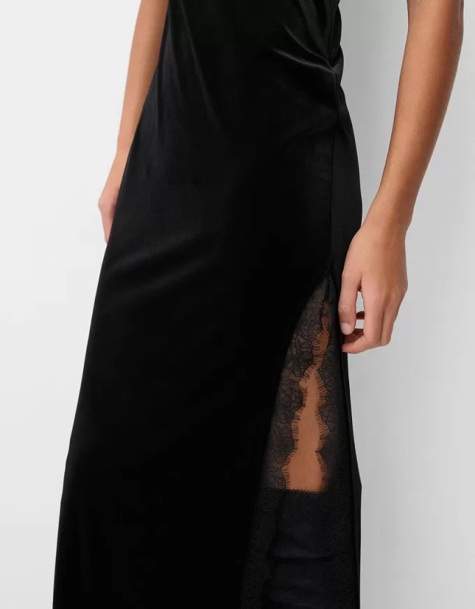 Lace-trimmed velvet midi dress Lace-trimmed velvet midi dress