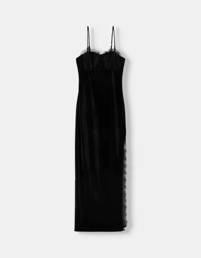 Lace-trimmed velvet midi dress Lace-trimmed velvet midi dress