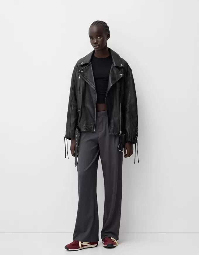 Leather biker jacket with tie detail