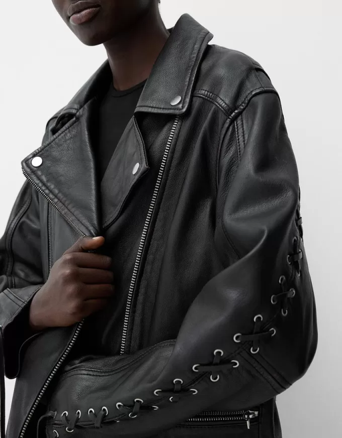 Leather biker jacket with tie detail