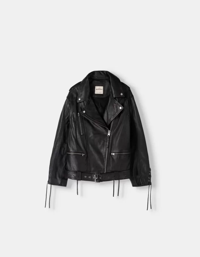 Leather biker jacket with tie detail