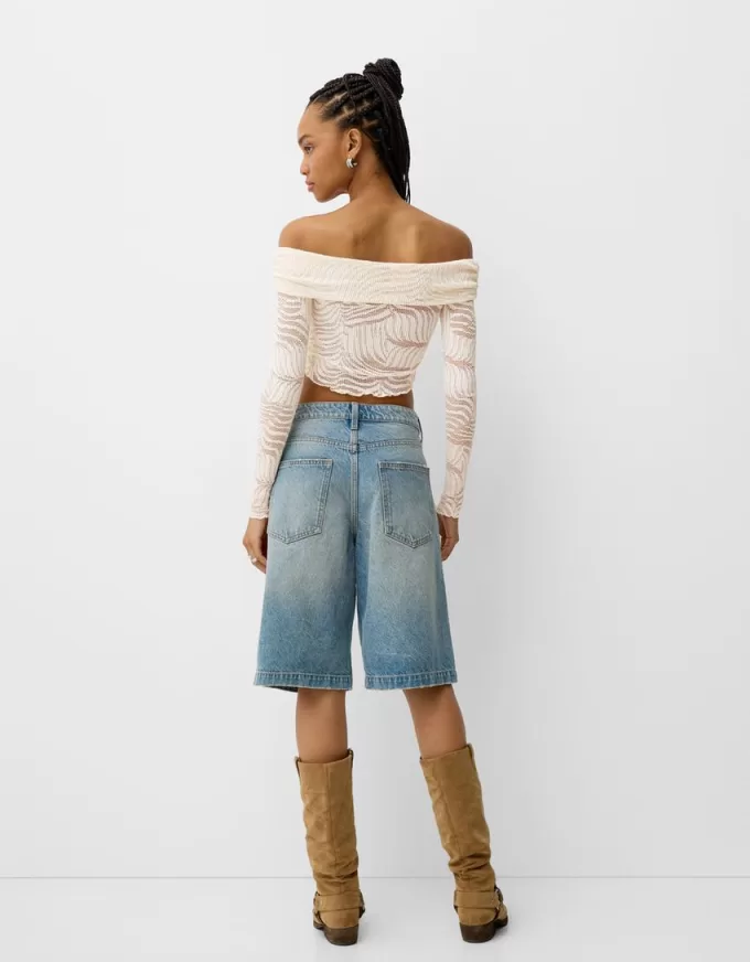 Long sleeve Bardot neckline rustic T-shirt Long sleeve Bardot neckline rustic T-shirt