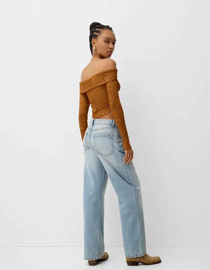 Long sleeve Bardot neckline rustic T-shirt Long sleeve Bardot neckline rustic T-shirt