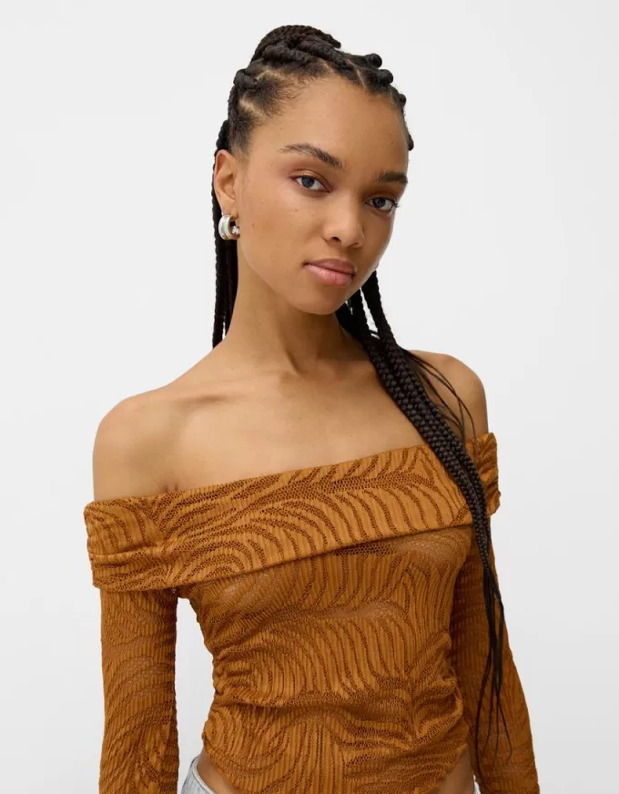 Long sleeve Bardot neckline rustic T-shirt Long sleeve Bardot neckline rustic T-shirt