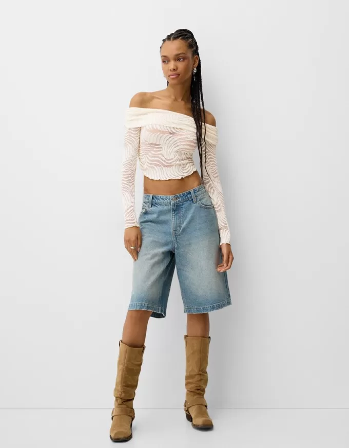 Long sleeve Bardot neckline rustic T-shirt Long sleeve Bardot neckline rustic T-shirt