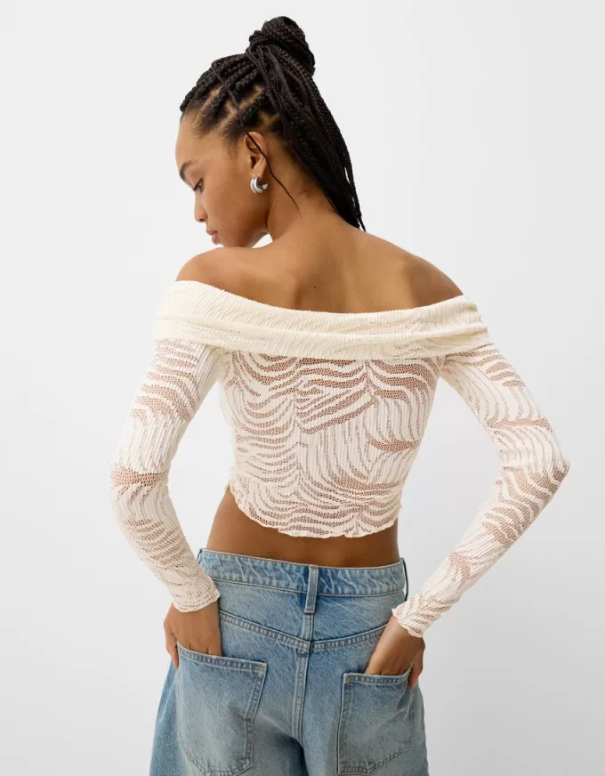 Long sleeve Bardot neckline rustic T-shirt Long sleeve Bardot neckline rustic T-shirt