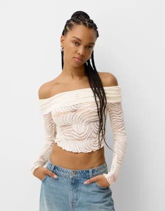 Long sleeve Bardot neckline rustic T-shirt