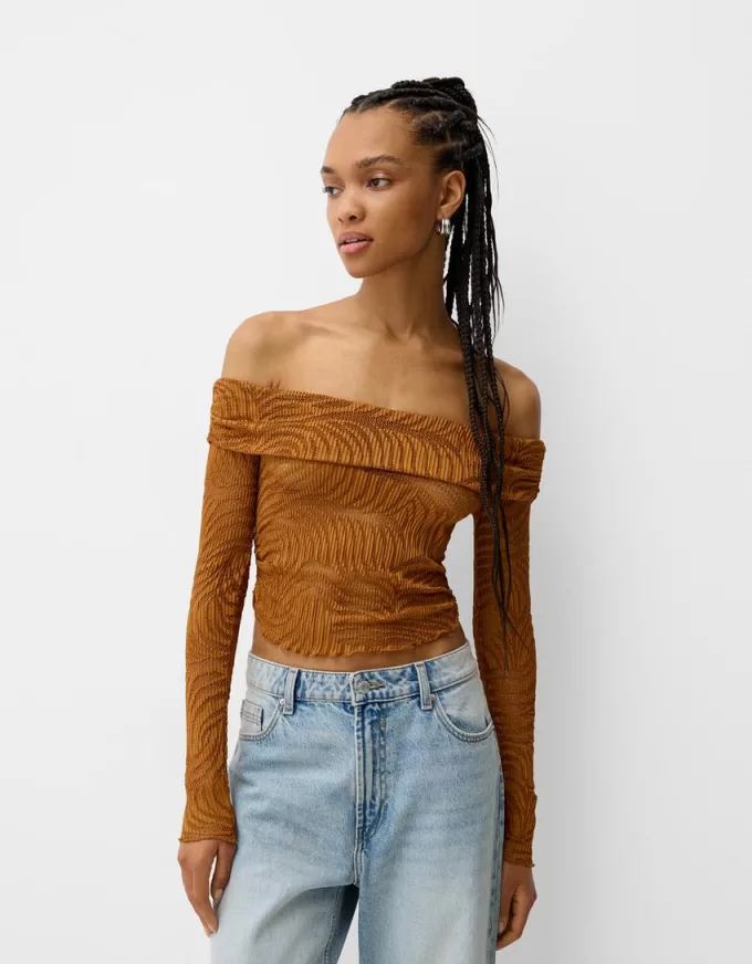 Long sleeve Bardot neckline rustic T-shirt Long sleeve Bardot neckline rustic T-shirt