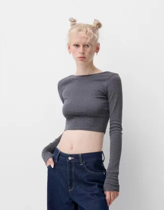 Long sleeve T-shirt with all-over rhinestones