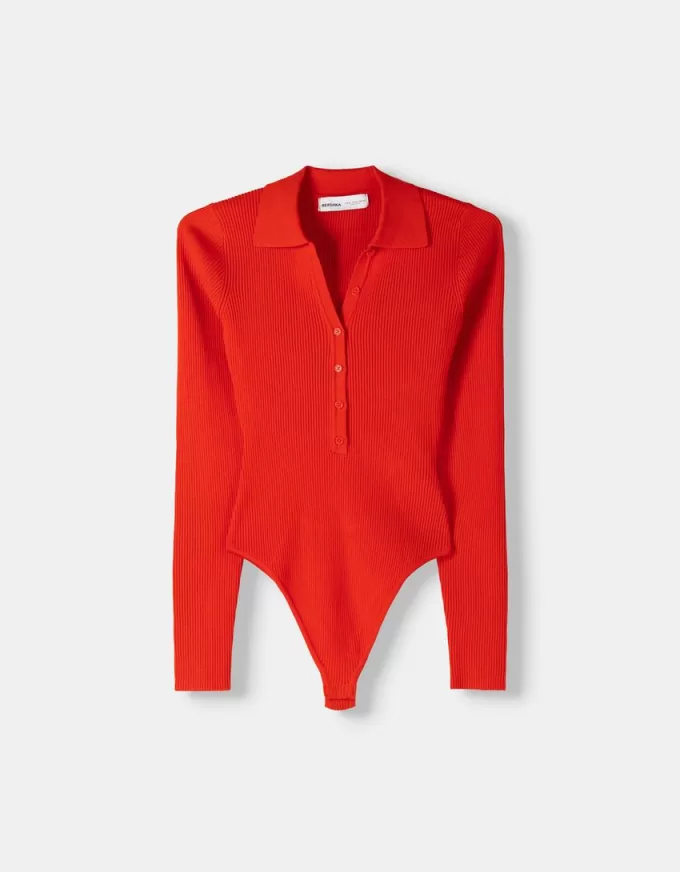 Long sleeve cut-out polo collar bodysuit Long sleeve cut-out polo collar bodysuit