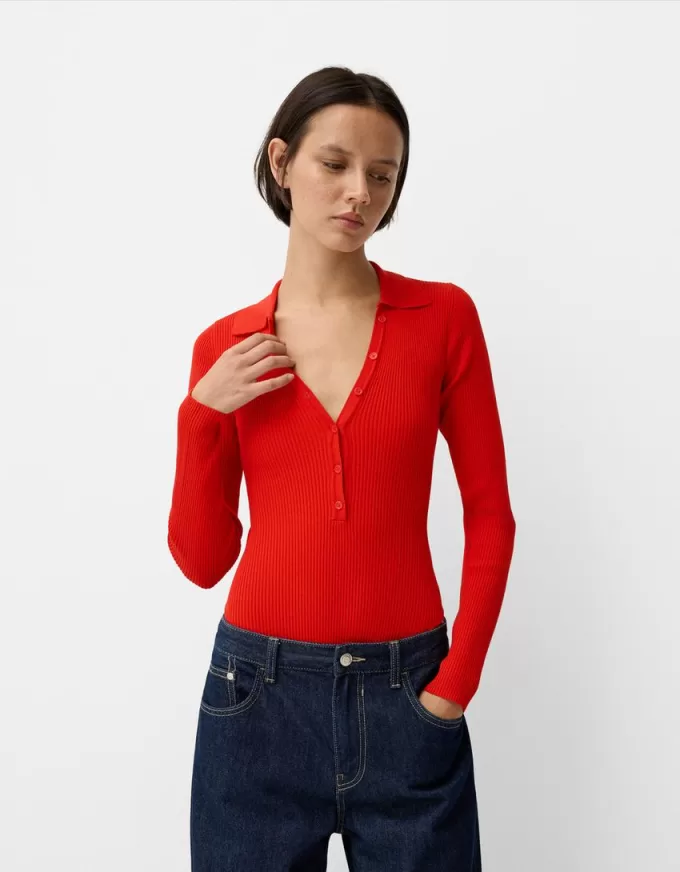Long sleeve cut-out polo collar bodysuit Long sleeve cut-out polo collar bodysuit
