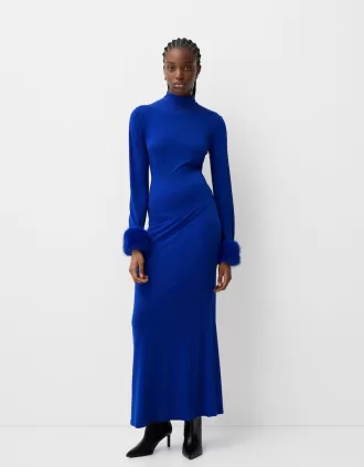 Long sleeve midi dress with faux fur cuffs