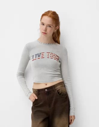 Long sleeve ribbed printed T-shirt with studs