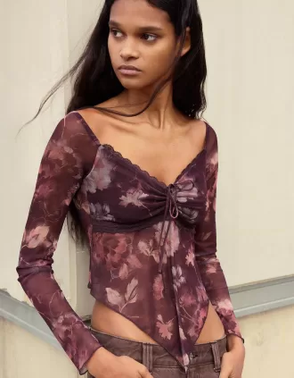 Long sleeve tulle printed T-shirt