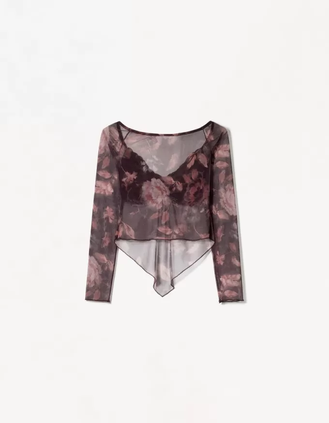 Long sleeve tulle printed T-shirt Long sleeve tulle printed T-shirt