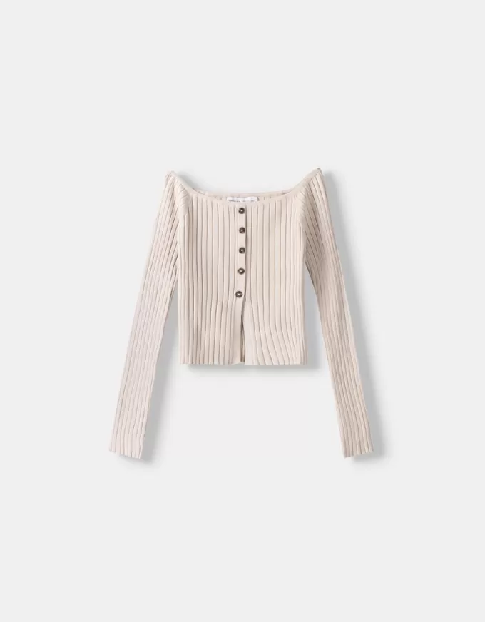 Open buttoned sweater with Bardot neckline Open buttoned sweater with Bardot neckline